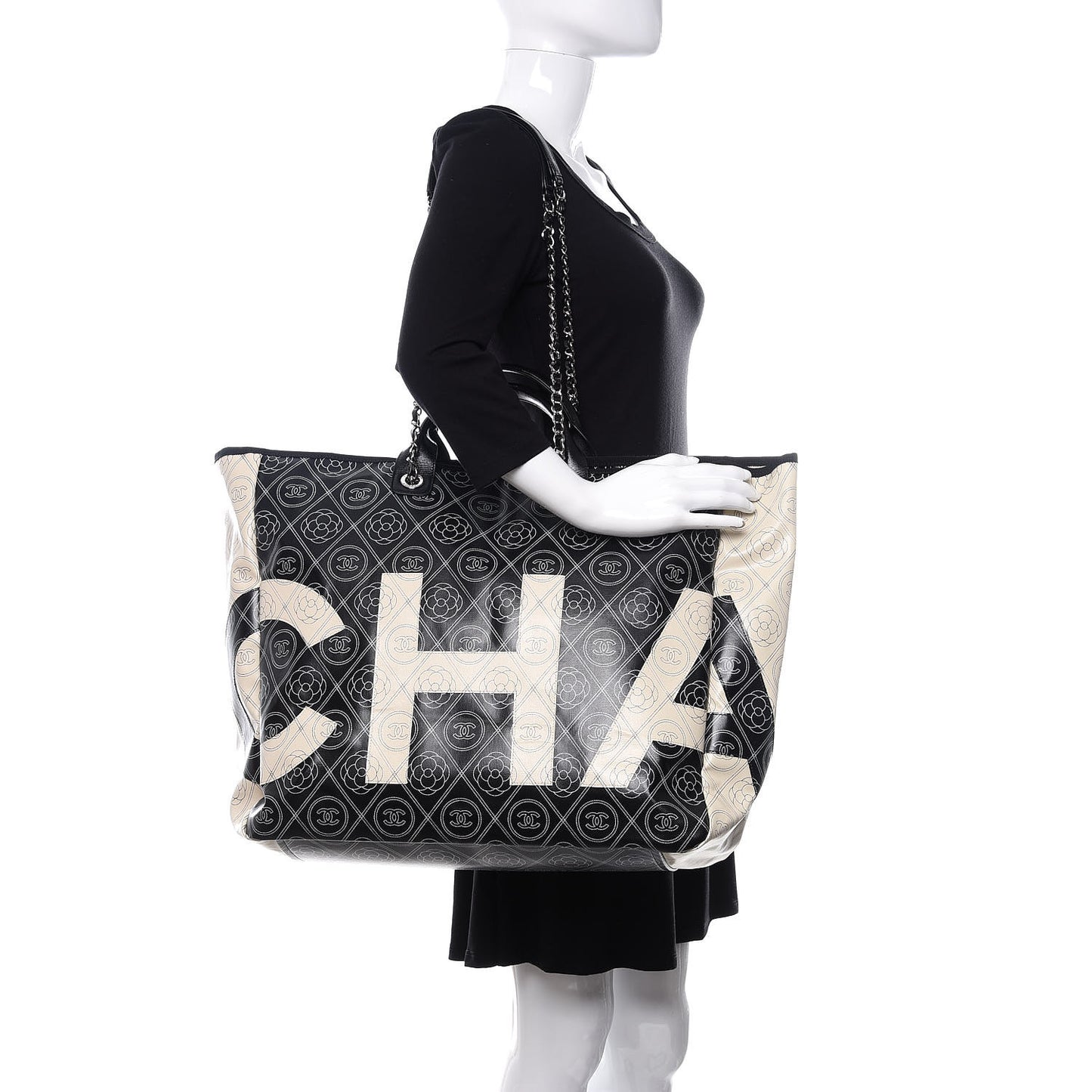 Coated Canvas Camellia Large Shopping Tote Black Beige