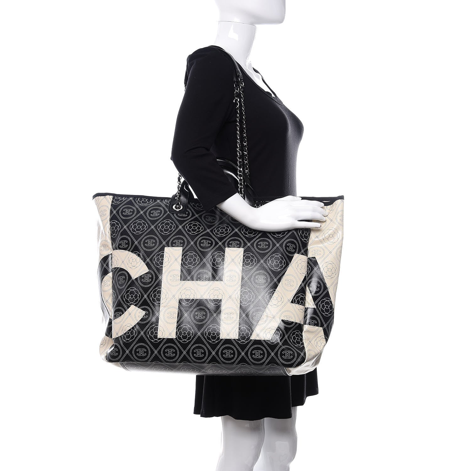 Chanel Coated Canvas Camellia Large Shopping Tote Black Beige 3 of 11