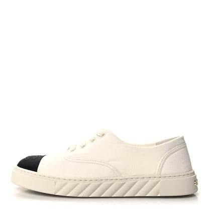 Chanel Canvas Grosgrain Cap Toe CC Sneakers 39 Ivory Black 1 of 8
