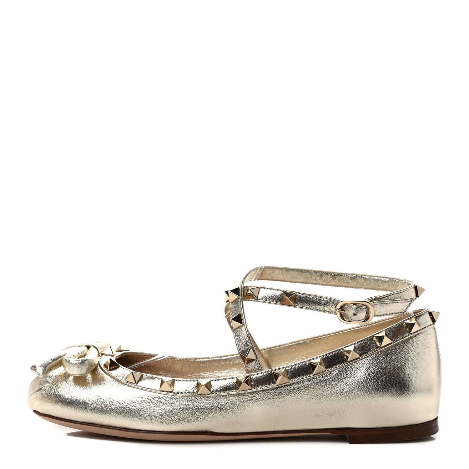 Valentino Garavani Metallic Calfskin Rockstud Bow Ballerina Flats 37 Platino 1 of 9