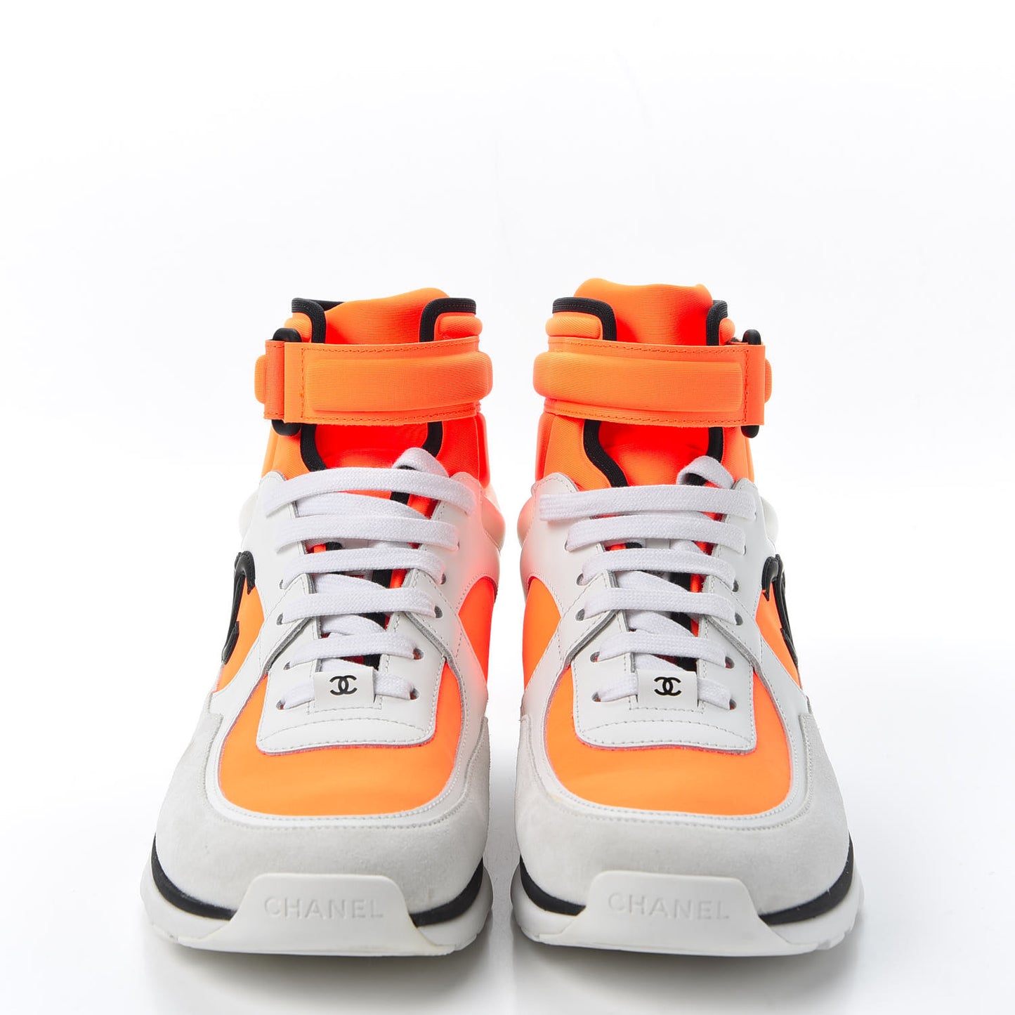 Suede Calfskin Lambskin Neoprene High Top CC Sneakers 40 White Fluo Orange