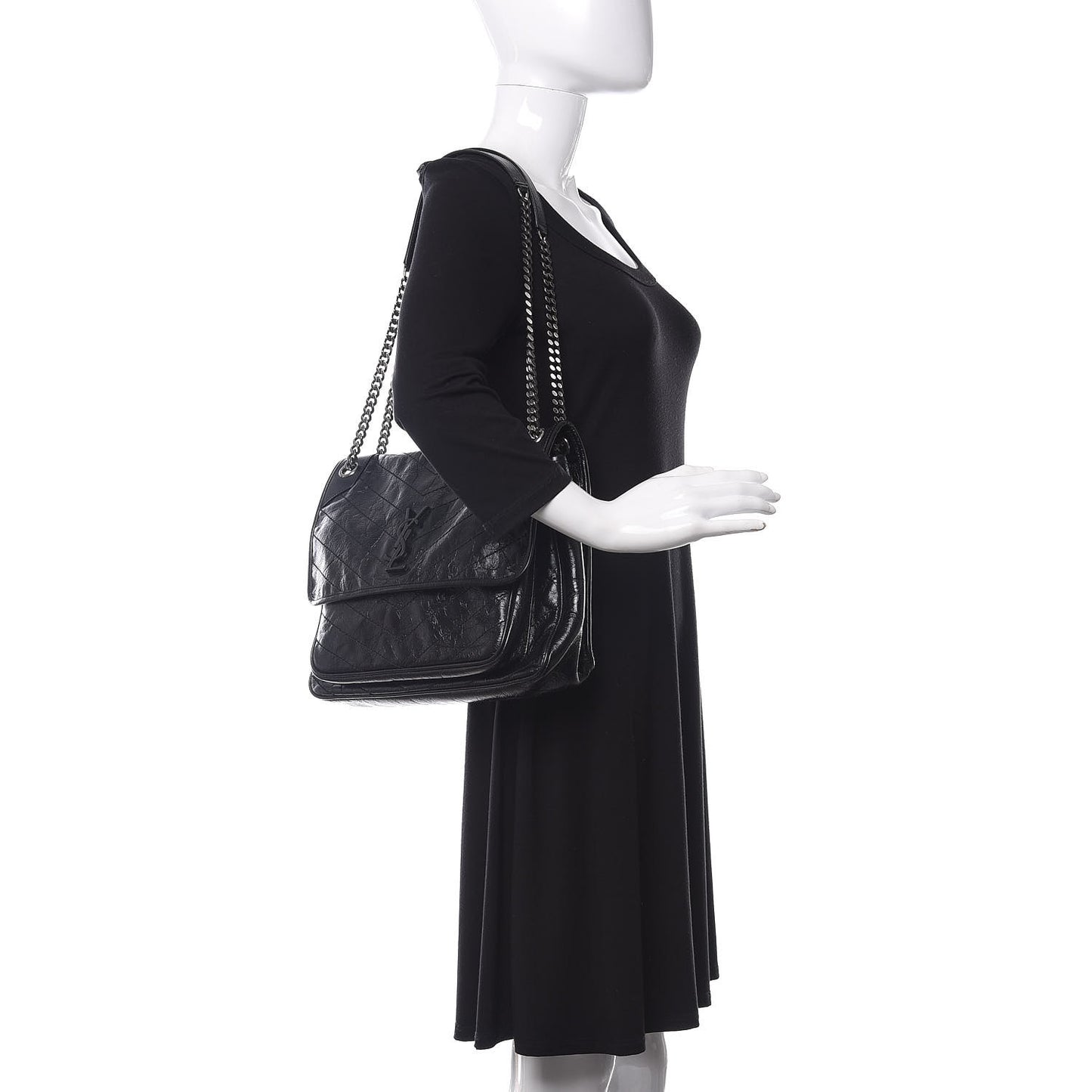 Crinkled Calfskin Matelasse Monogram Large Niki Chain Satchel Black
