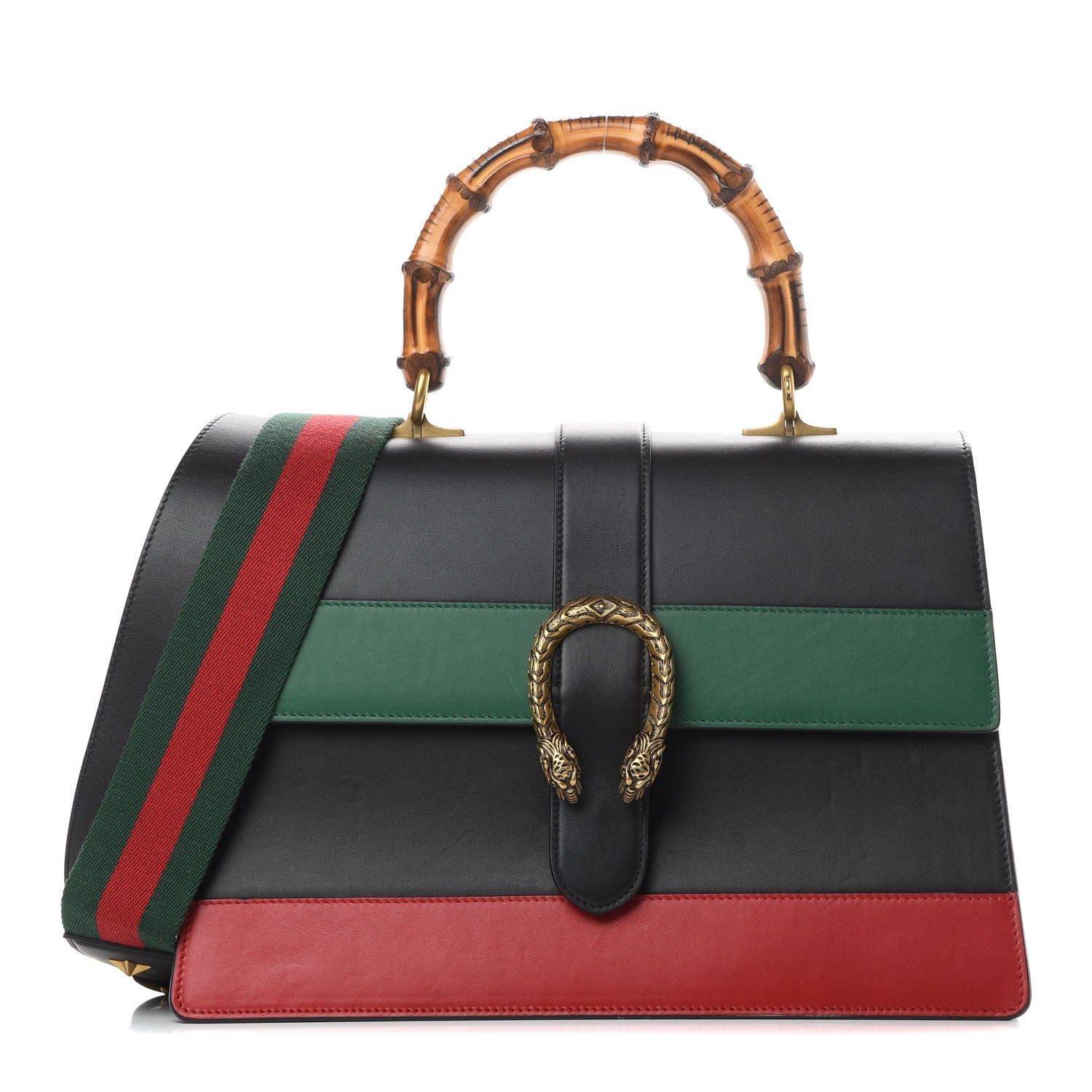 Gucci Calfskin Bamboo Web Large Dionysus Top Handle Bag Black Bright Evergreen Hibiscus Red 1 of 16