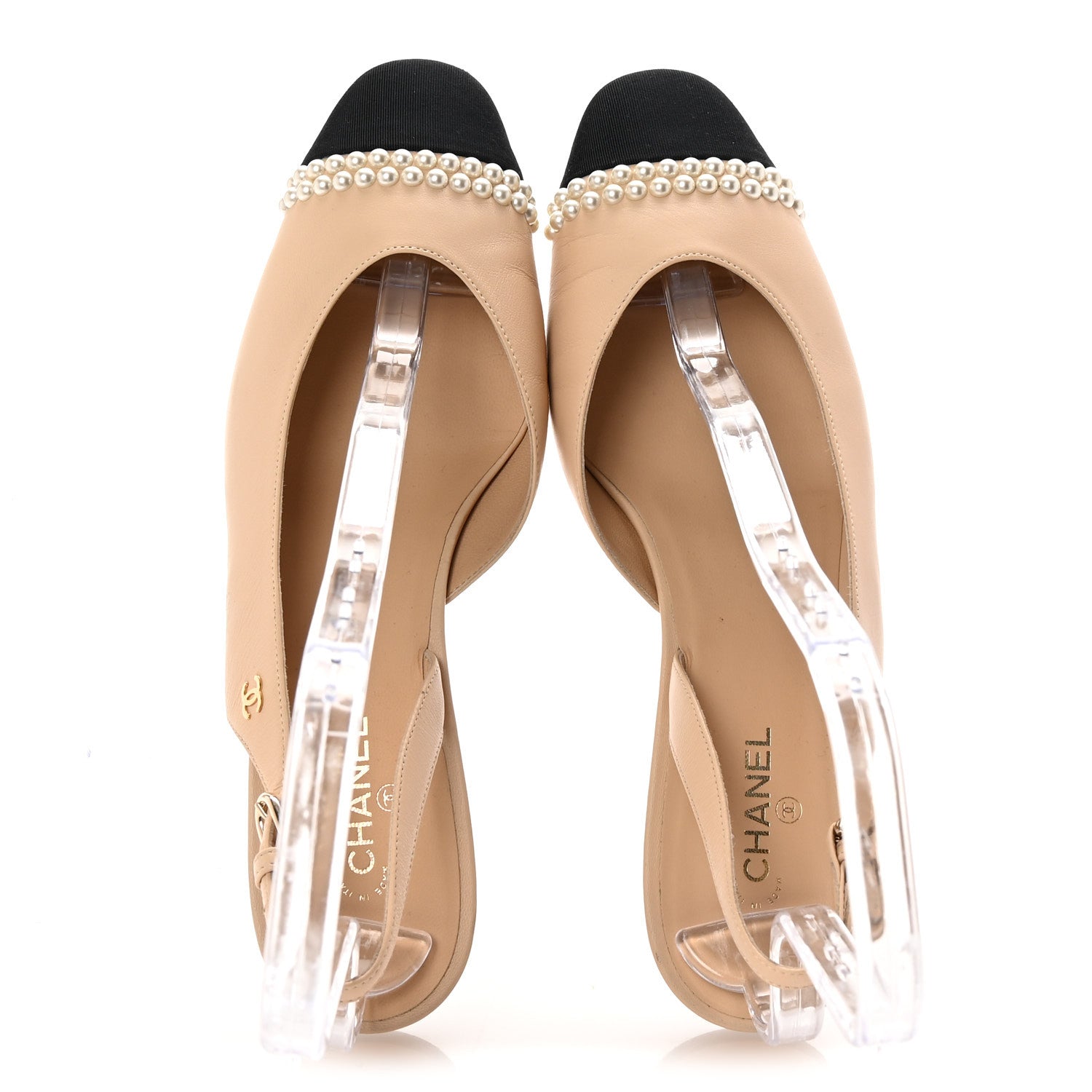Chanel Lambskin Grosgrain Pearl Cap Toe CC Slingback Flats 39 Beige Black 2 of 10