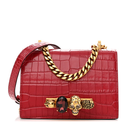Alexander McQueen Calfskin Crocodile Embossed Jeweled Shoulder Bag Deep Red 1 of 9