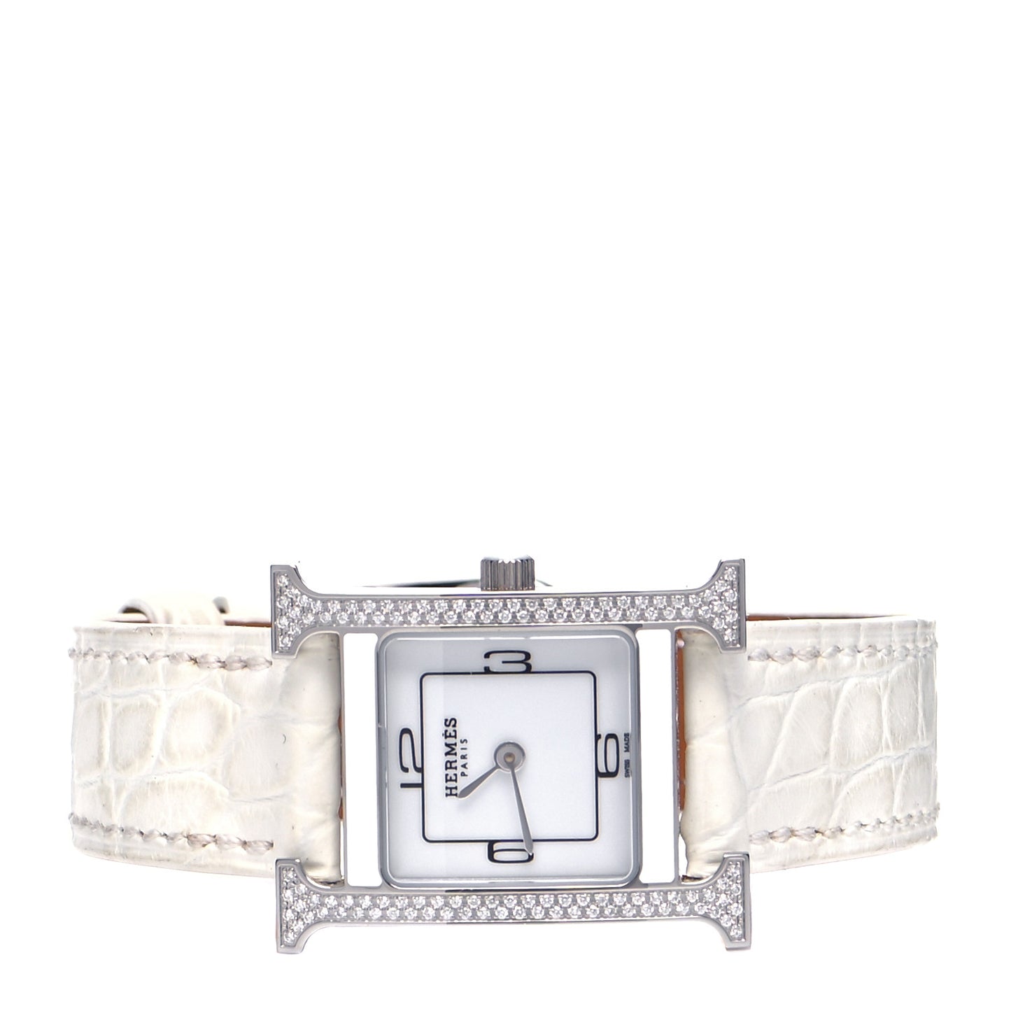 Stainless Steel Alligator Diamond Lacquer 21mm Heure H Hour Double Jeu Quartz Watch Blanc