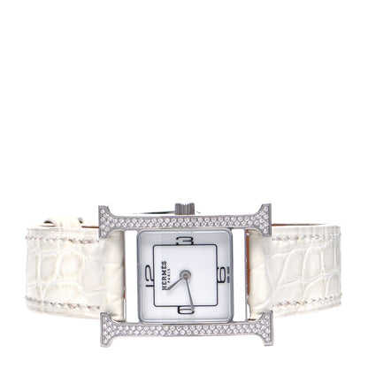 Hermes Stainless Steel Alligator Diamond Lacquer 21mm Heure H Hour Double Jeu Quartz Watch Blanc 2 of 7