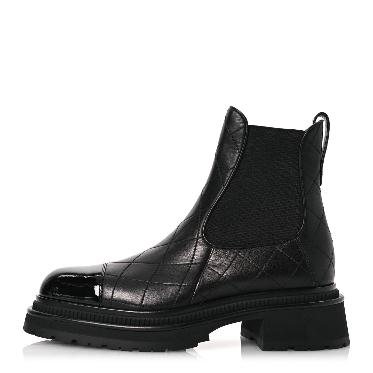 Calfskin Patent Cap Toe Quilted Short Boots 40 Black