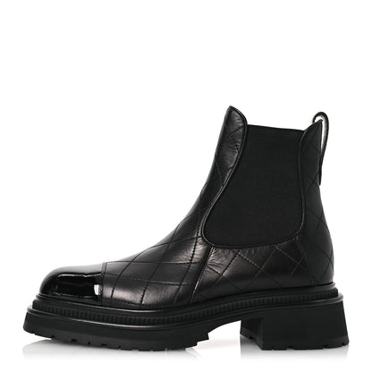 Chanel Calfskin Patent Cap Toe Quilted Short Boots 40 Black 1 of 9