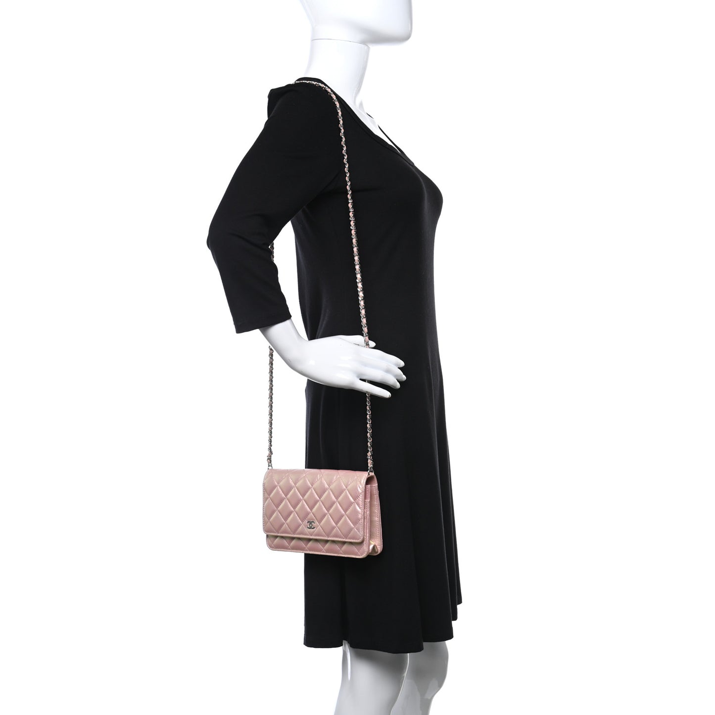Iridescent Calfskin Quilted Wallet On Chain WOC Pink