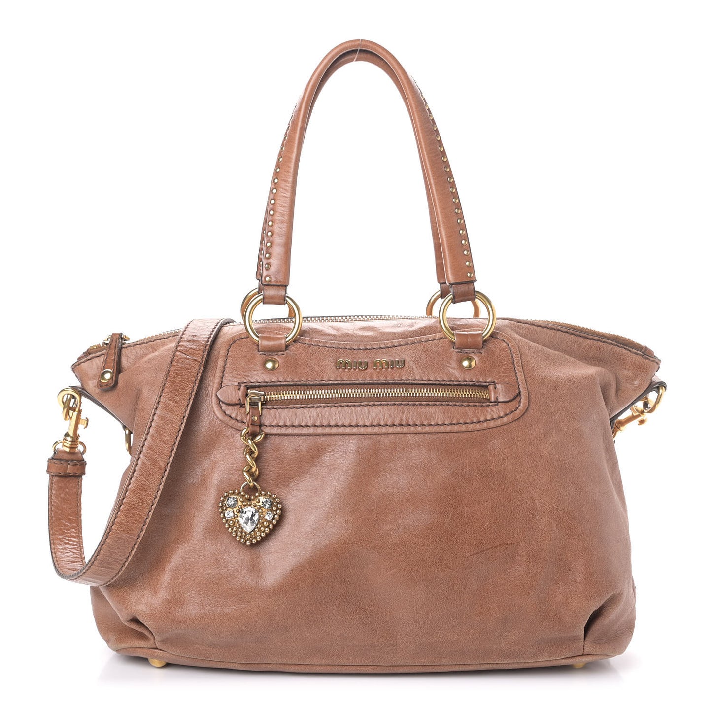 Vitello Lux Crystal Heart Charm Tote Beige