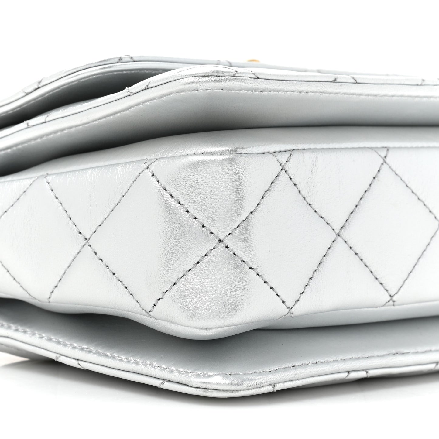 Metallic Calfskin Quilted Mini Metal Top Handle Flap Silver