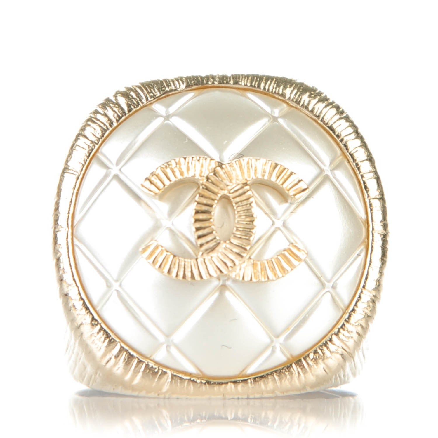 Chanel Metal Quilted CC Ring 5.5 Gold Pearly White 1 of 5