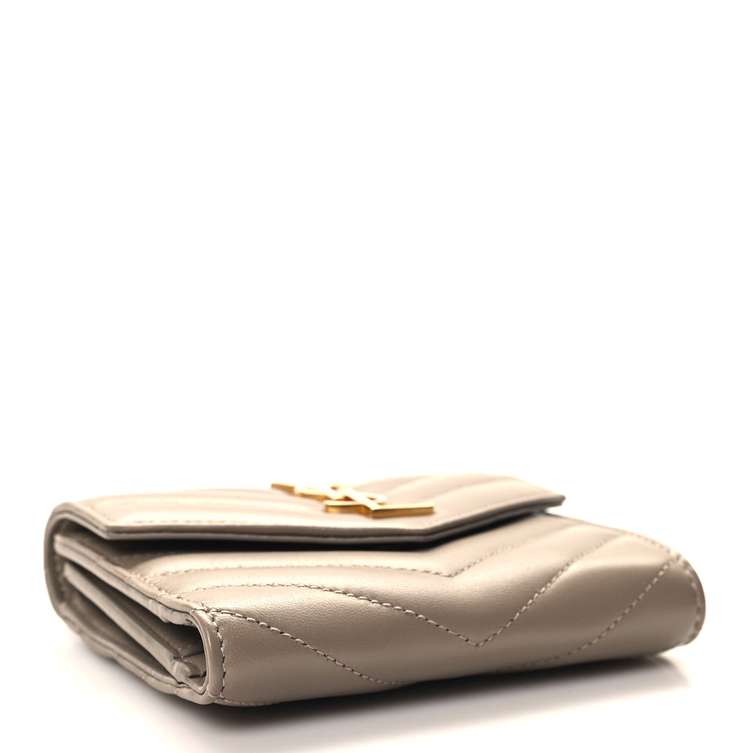 Saint Laurent Lambskin Matelasse Chevron Monogram Compact Tri Fold Wallet Dust Grey 4 of 6