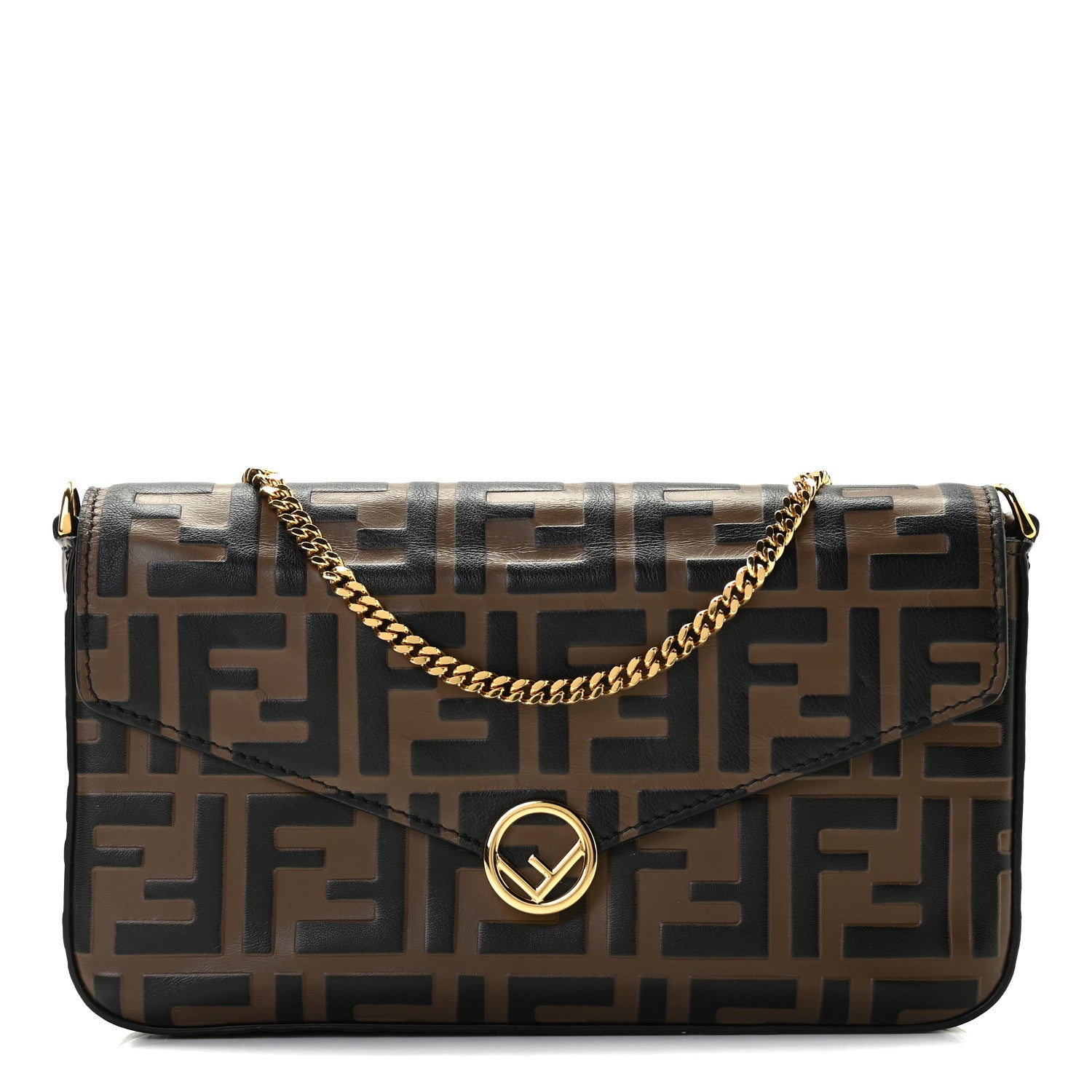 Fendi Vitello Soft F is Fendi Bi-Color FF 1974 Embossed Envelope Wallet On Chain with Pouches Maya Black 1 of 9