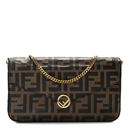Fendi Vitello Soft F is Fendi Bi-Color FF 1974 Embossed Envelope Wallet On Chain with Pouches Maya Black 1 of 9