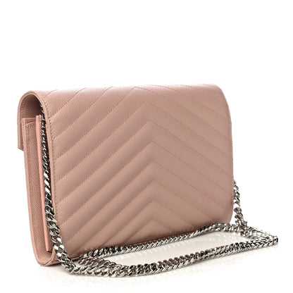 Saint Laurent Grain De Poudre Matelasse Chevron Monogram Chain Wallet Pale Pink 3 of 9