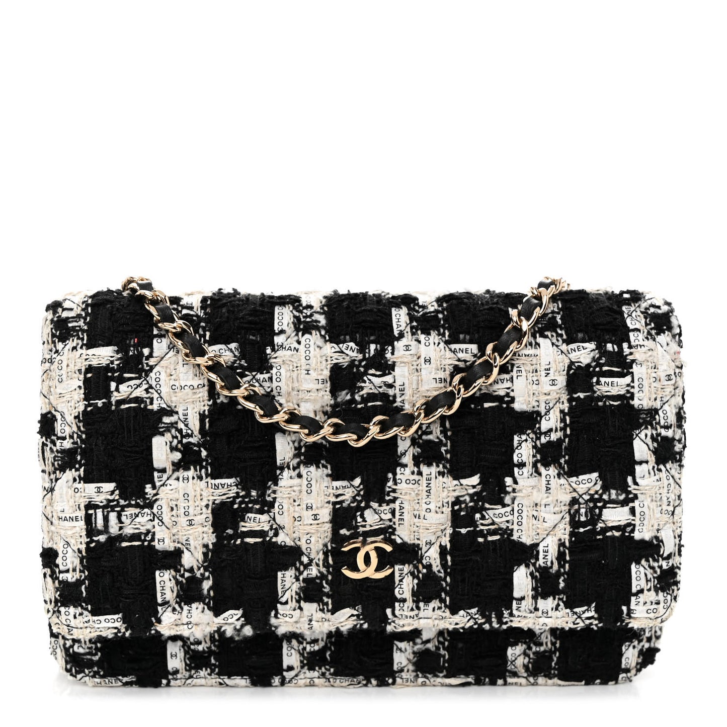 Tweed Quilted Wallet On Chain WOC Black Ecru White