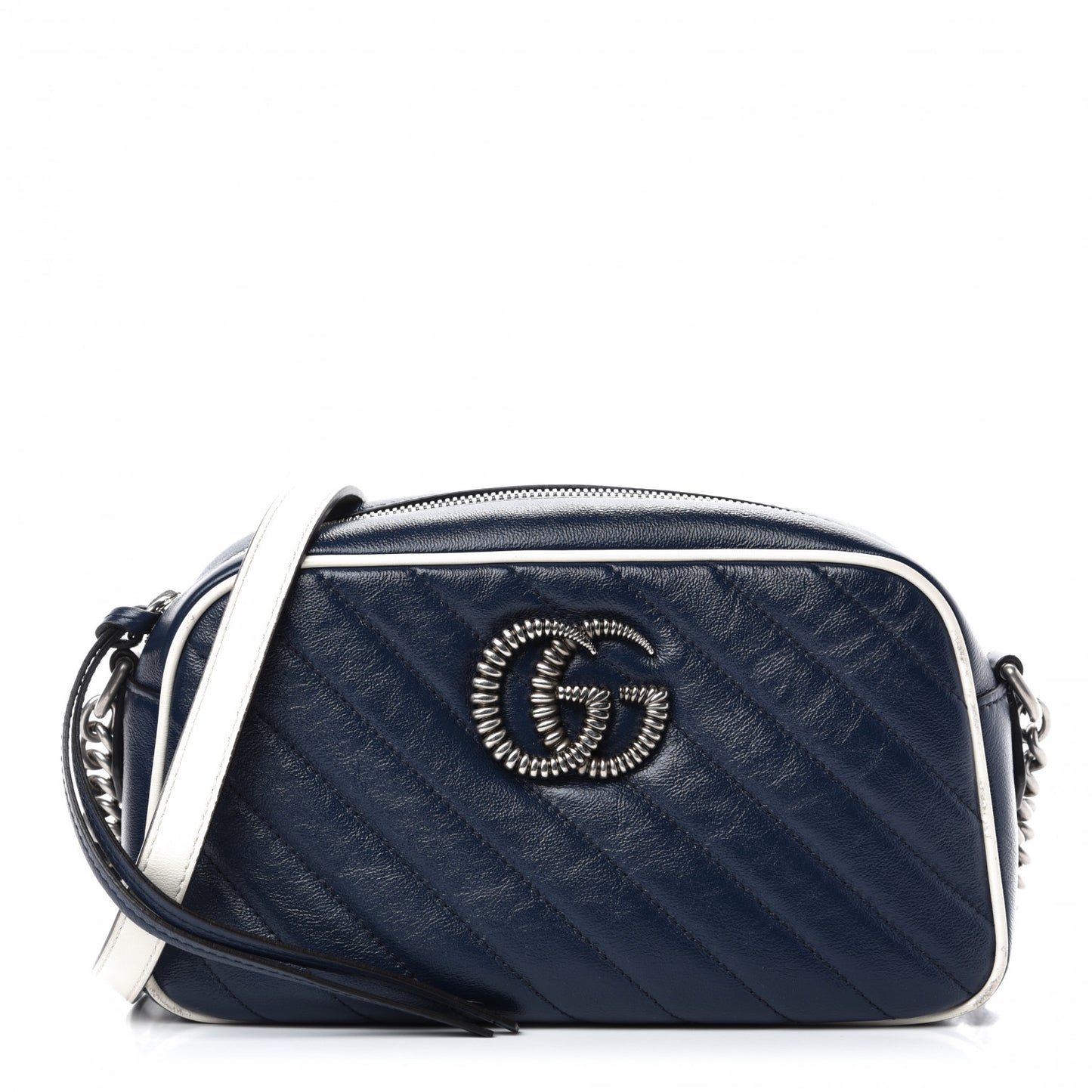 Vintage Effect Calfskin Matelasse Diagonal Small Torchon GG Marmont Chain Shoulder Bag Blue Agata Mystic White