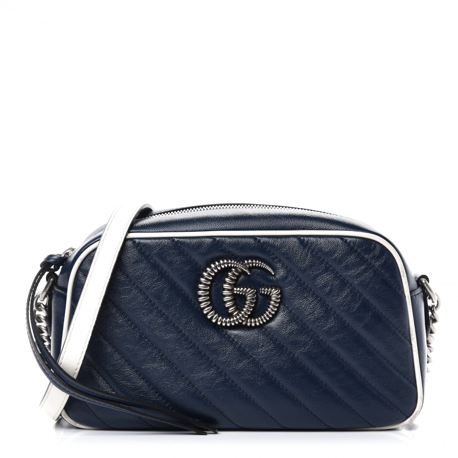 Gucci Vintage Effect Calfskin Matelasse Diagonal Small Torchon GG Marmont Chain Shoulder Bag Blue Agata Mystic White 1 of 14