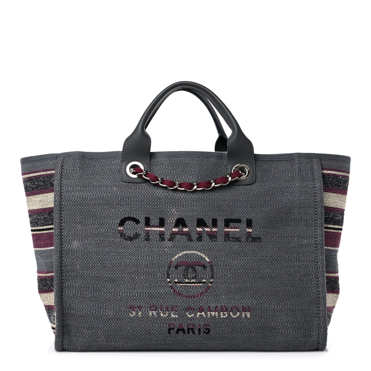 Chanel Striped Canvas Medium Deauville Tote Grey 1 of 15
