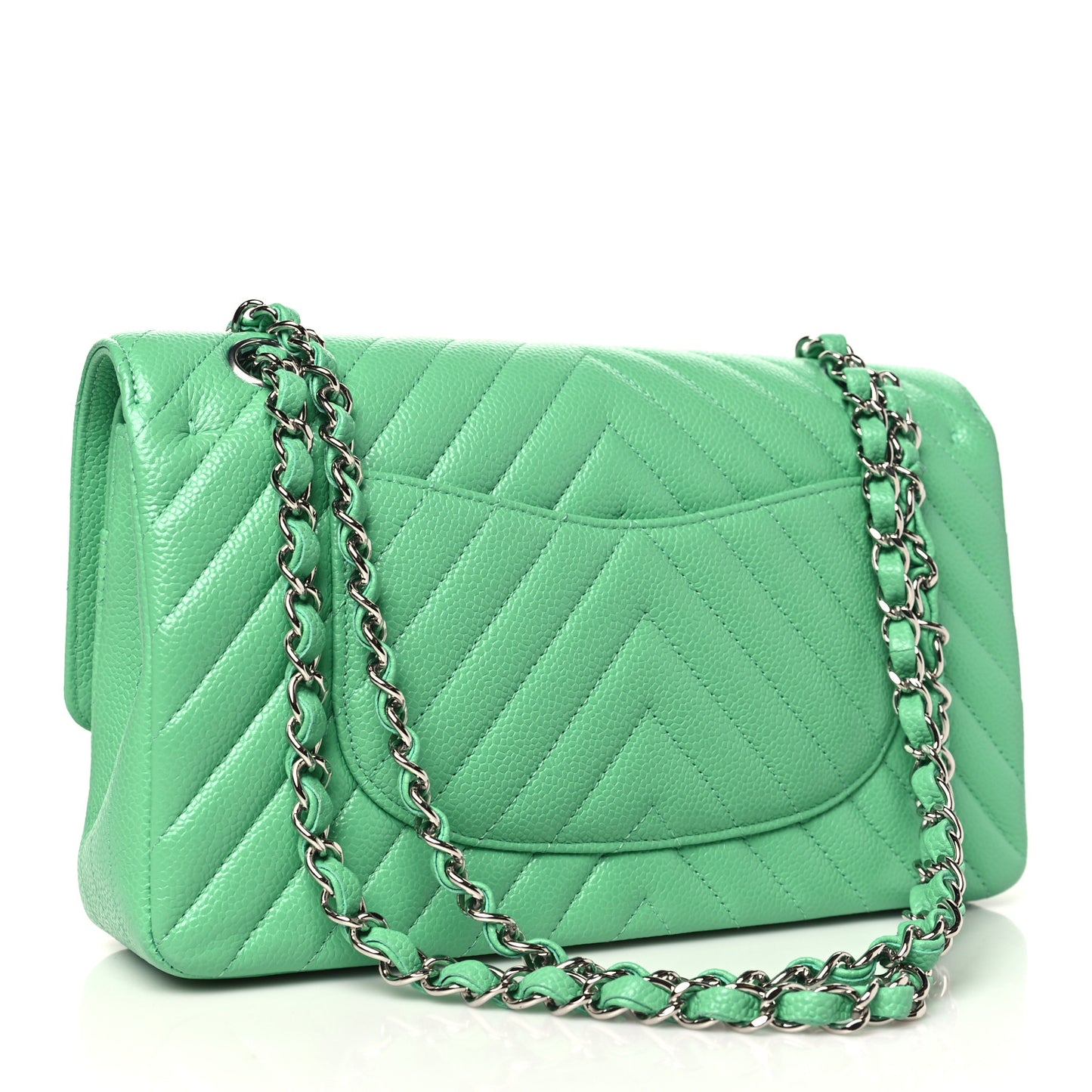 Caviar Chevron Quilted Medium Double Flap Green
