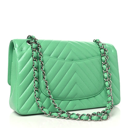 Chanel Caviar Chevron Quilted Medium Double Flap Green 3 of 10