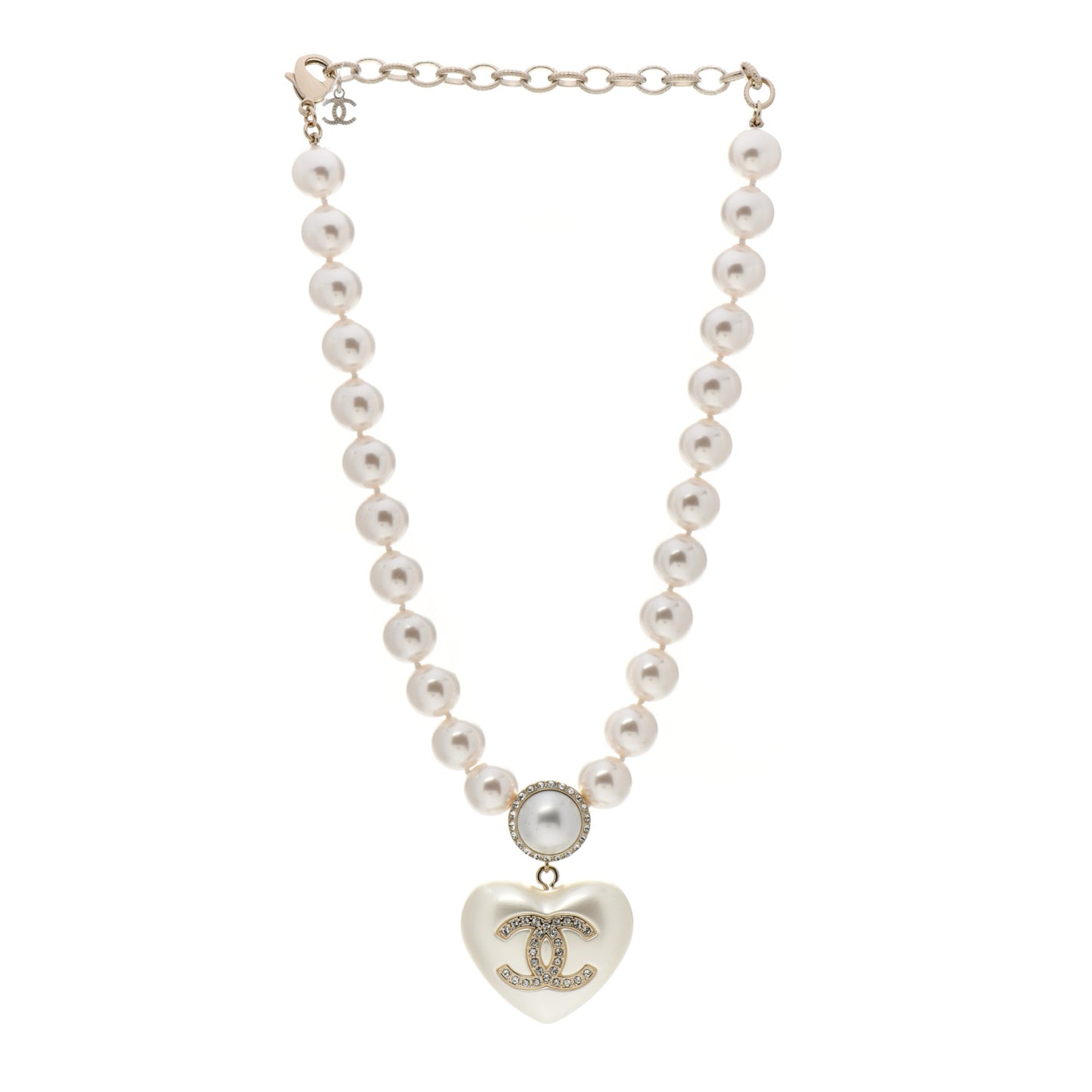 Pearl Crystal CC Heart Short Necklace Pearly White Gold