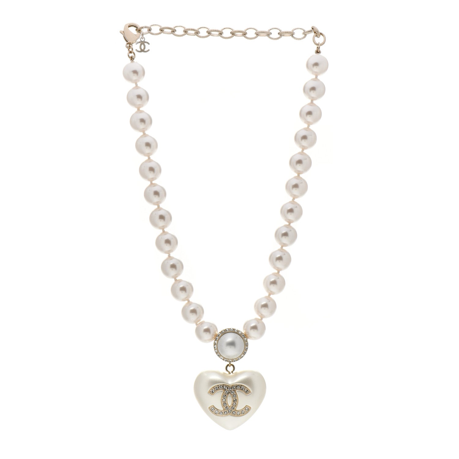Chanel Pearl Crystal CC Heart Short Necklace Pearly White Gold 3 of 6