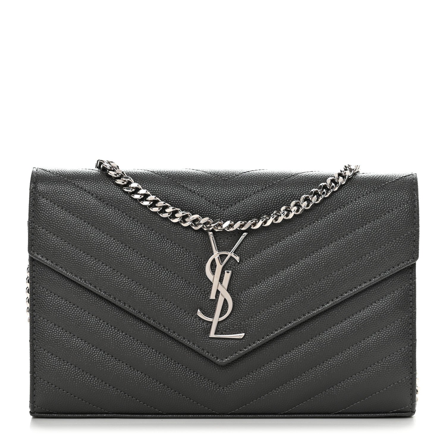 Saint Laurent Grain De Poudre Matelasse Chevron Monogram Chain Wallet Oyster Grey 1 of 10