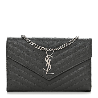 Saint Laurent Grain De Poudre Matelasse Chevron Monogram Chain Wallet Oyster Grey 1 of 10