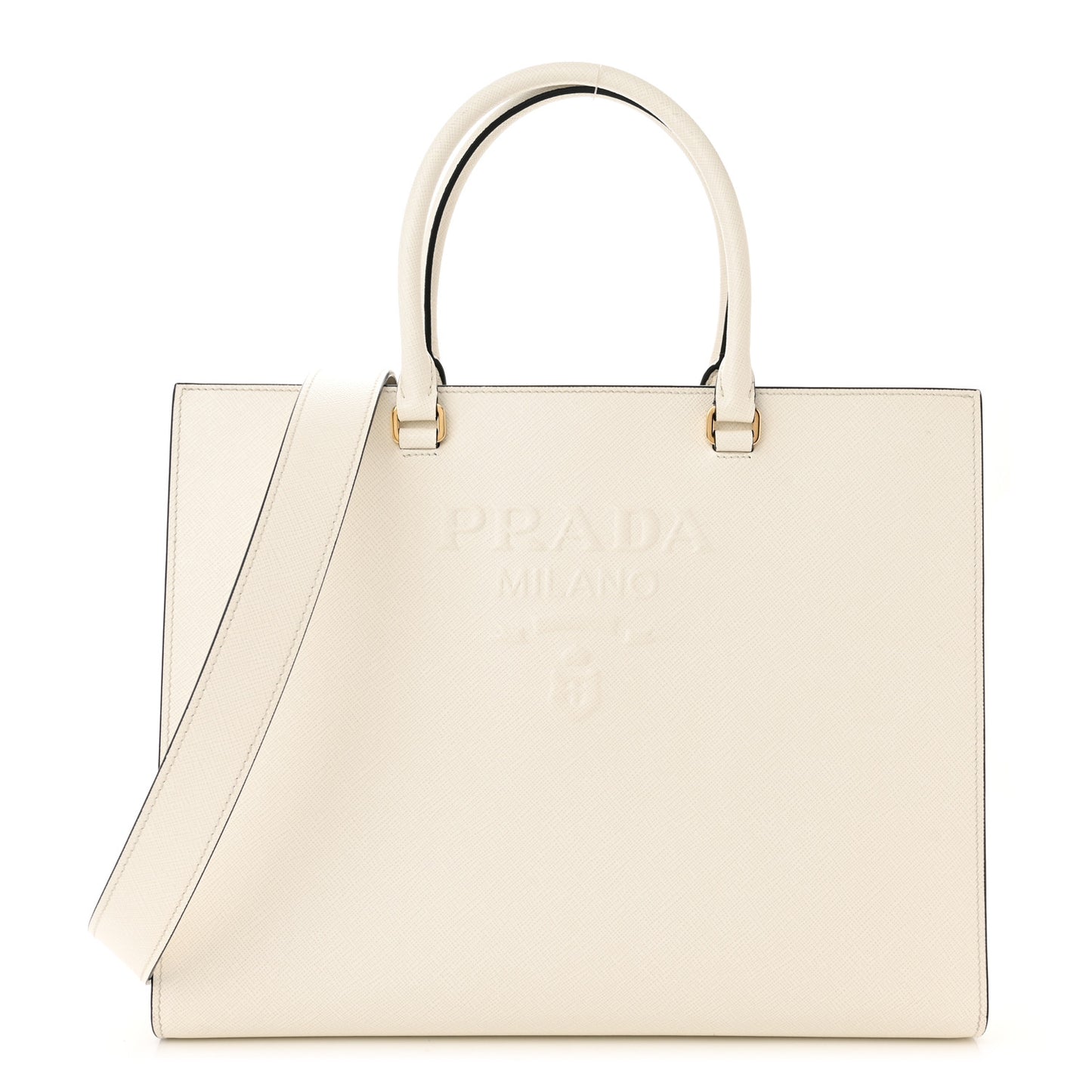 Saffiano Lux Logo Embossed Large Shoulder Tote Handbag White