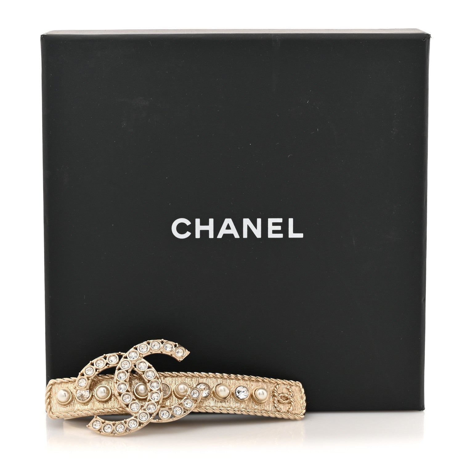 Chanel Metal Crystal Pearl CC Hair Clip Gold Pearly White 4 of 4