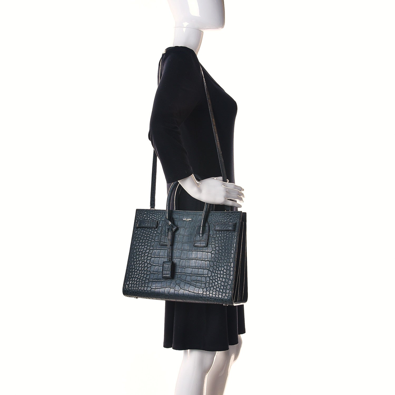 Saint Laurent Calfskin Crocodile Embossed Small Sac De Jour Dusty Black 2 of 18