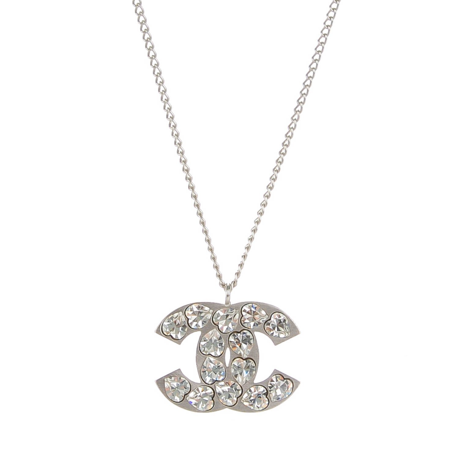 Chanel Crystal Heart CC Necklace Silver 1 of 6