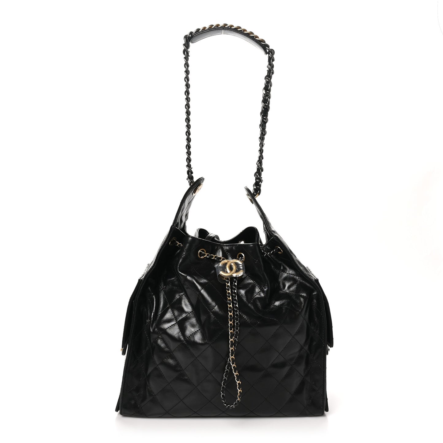 Shiny Crumpled Calfskin Quilted Medium Chanel 25 Handbag Black