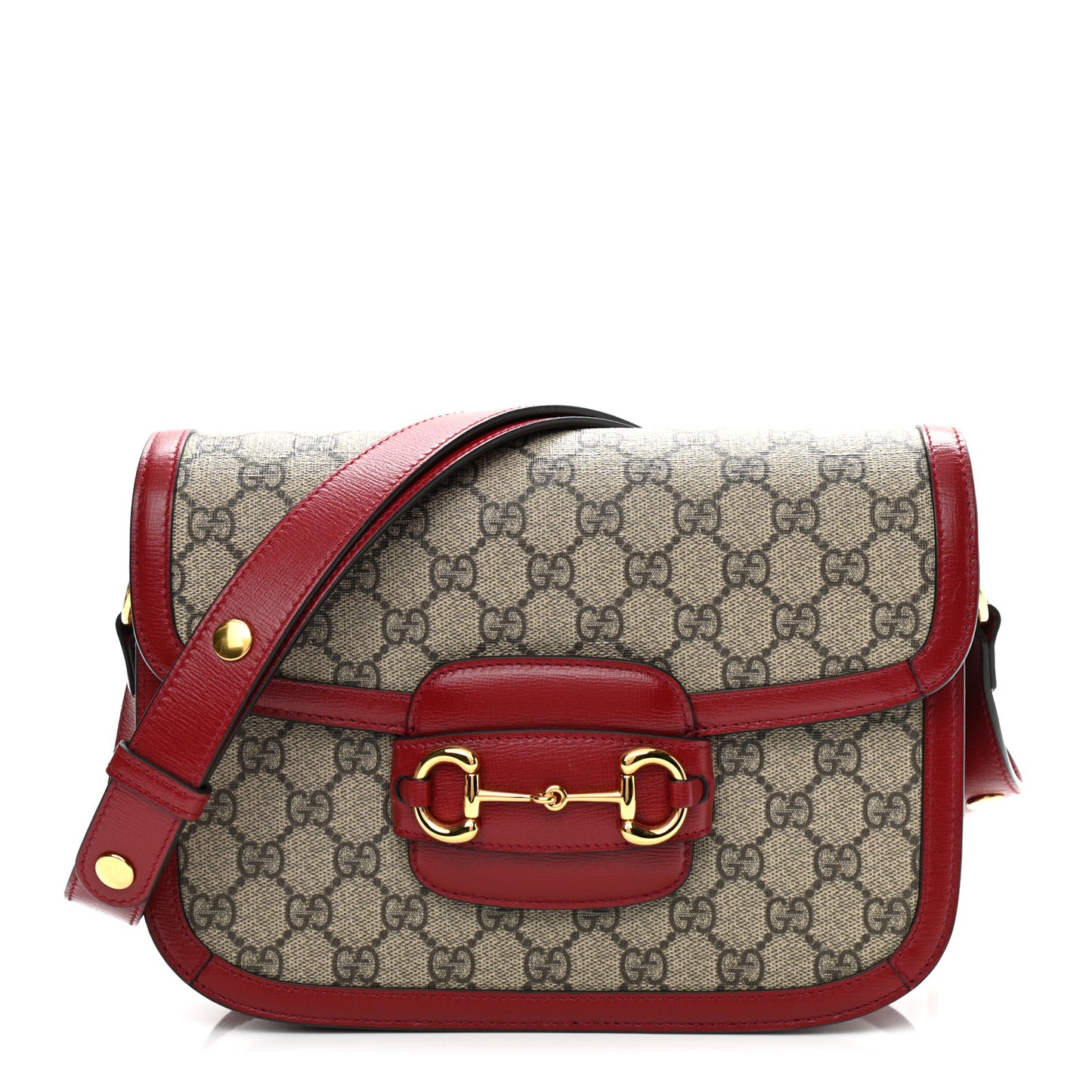 GG Supreme Monogram Azalea Calfskin Horsebit 1955 Shoulder Bag Beige Ebony New Cherry Red