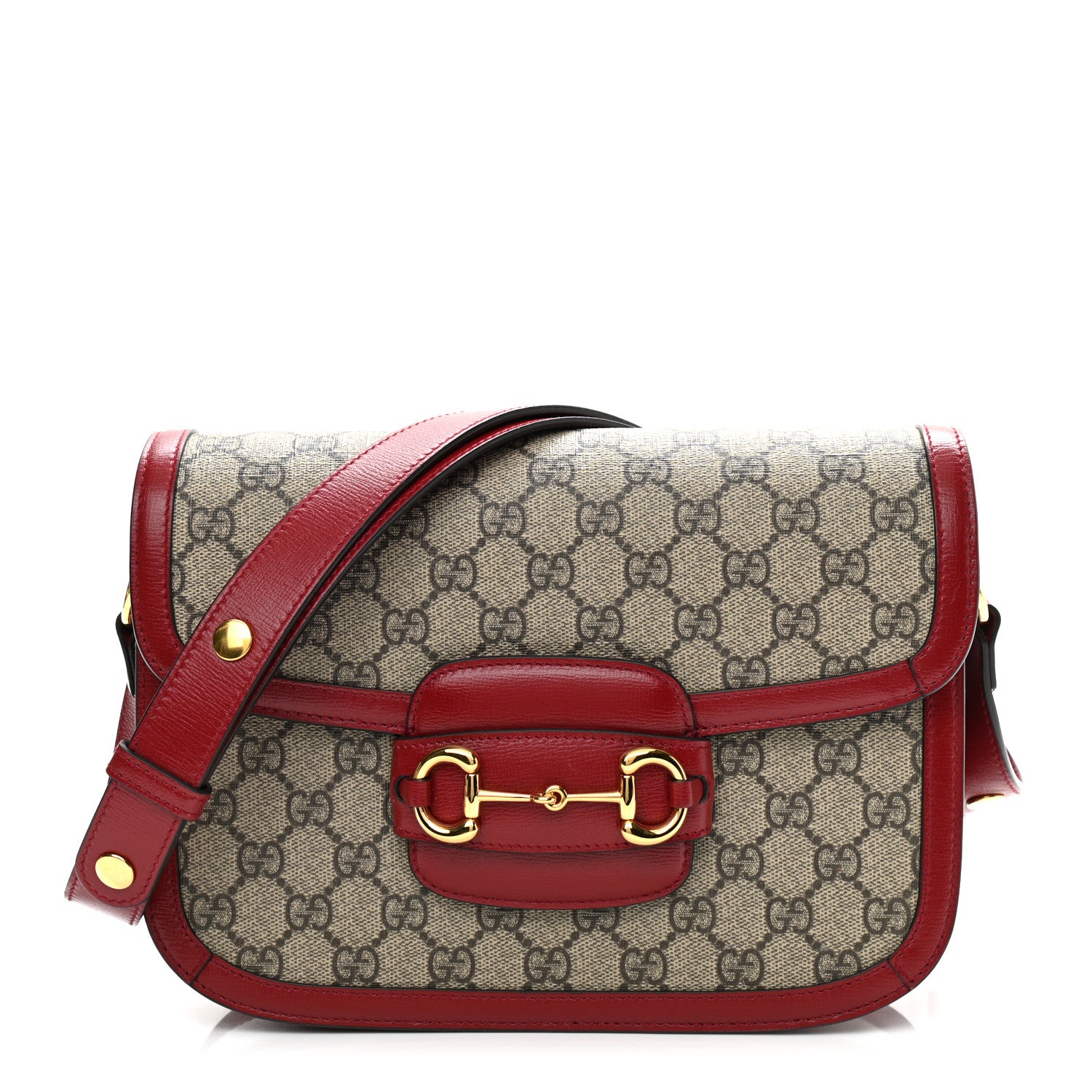 Gucci GG Supreme Monogram Azalea Calfskin Horsebit 1955 Shoulder Bag Beige Ebony New Cherry Red 1 of 15