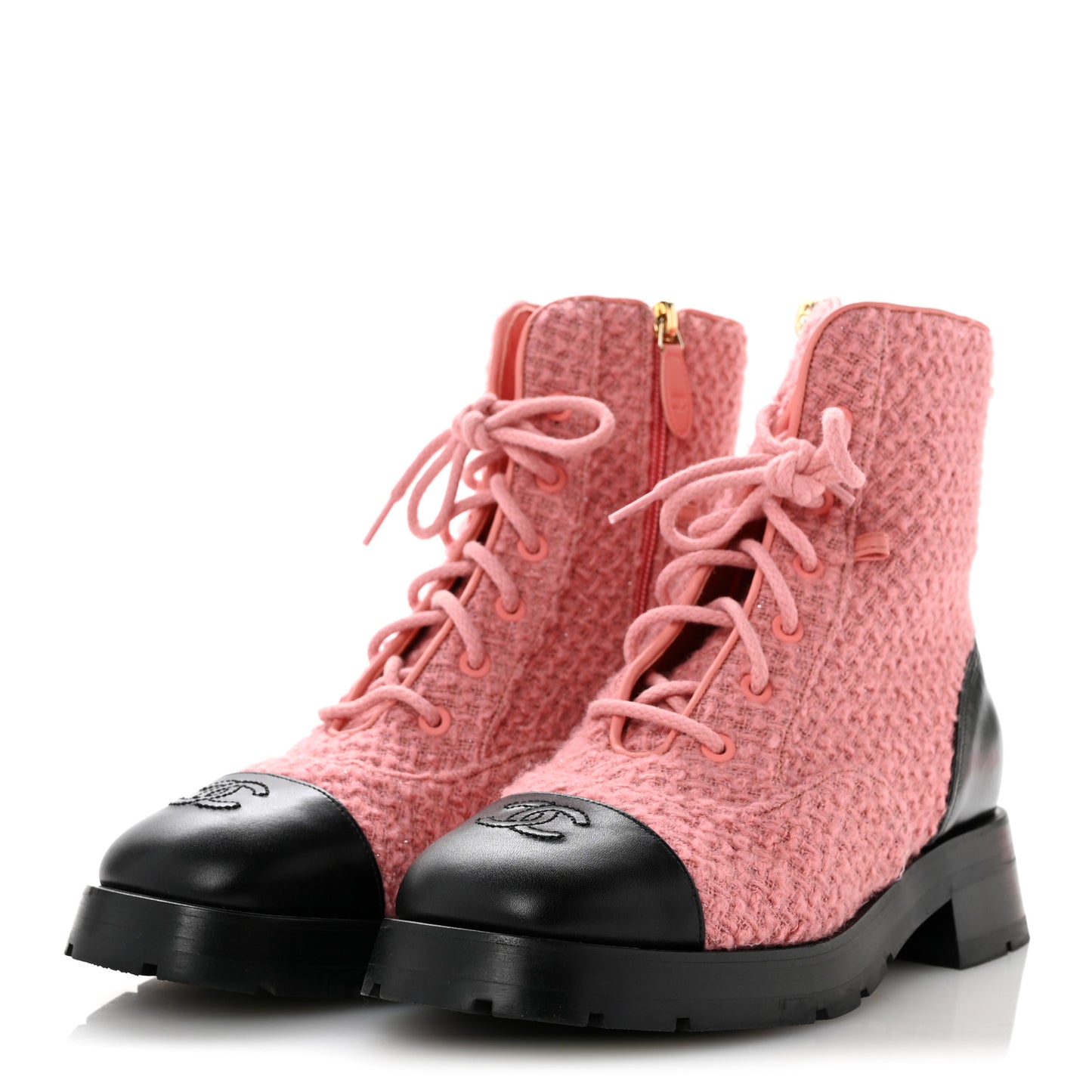 Wool Tweed Calfskin Chain Lace Up Combat Boots 38.5 Pink Black