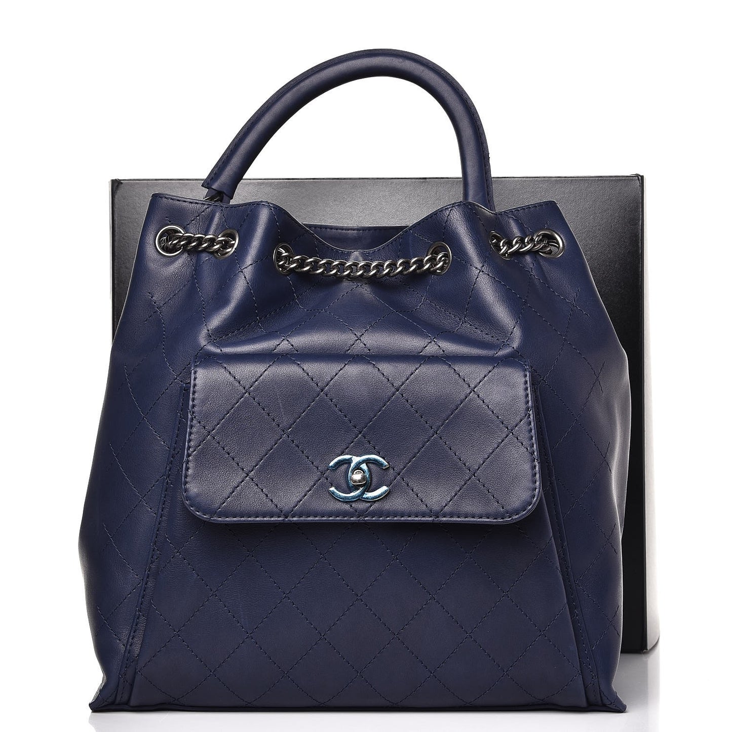 Calfskin Stitched Large Urban Luxury Drawstring Backpack Navy Blue