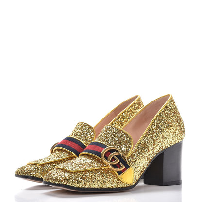 Gucci Glitter Nappa Web Peyton 75mm Loafer Pumps 36.5 Oro Vecchio 3 of 8