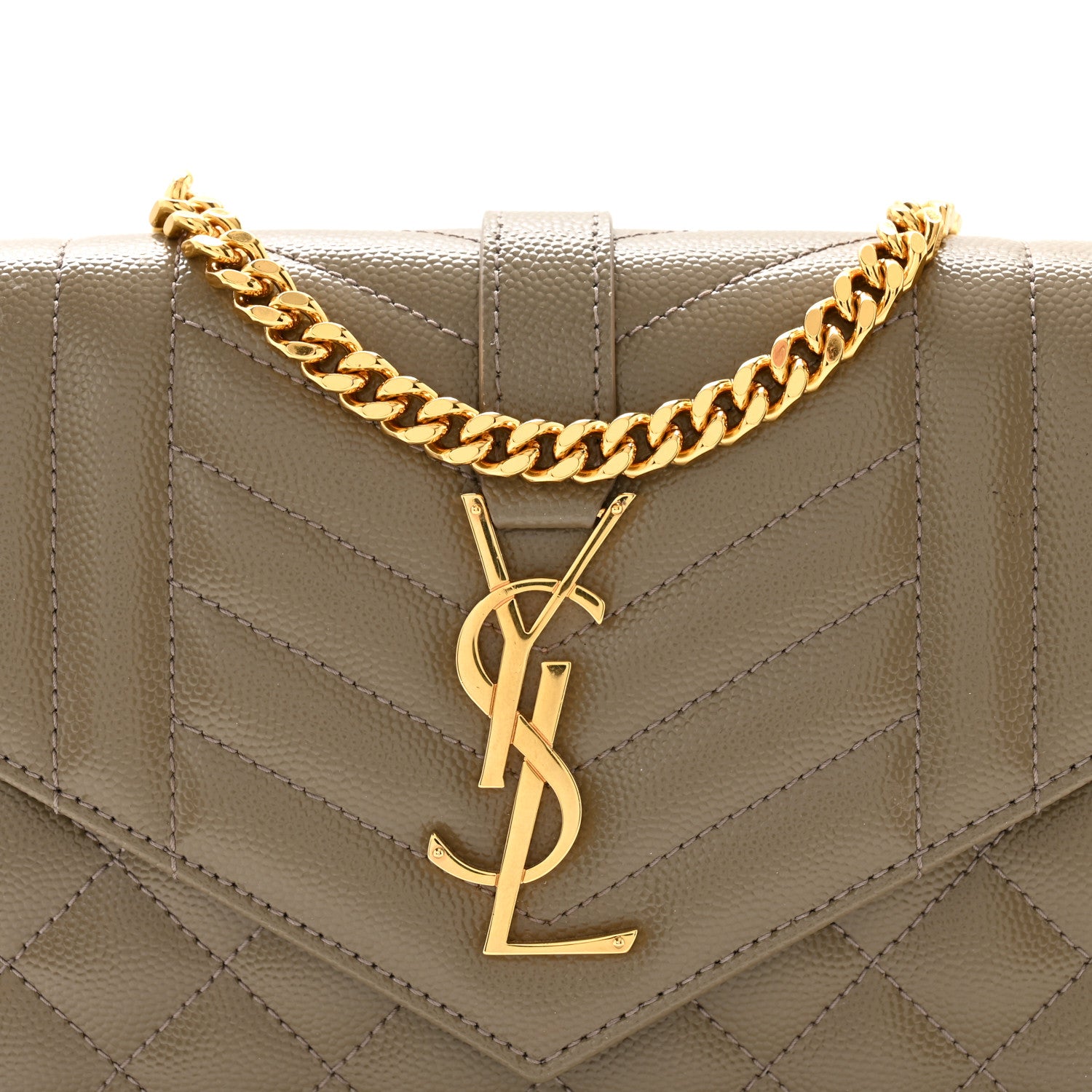Saint Laurent Grain De Poudre Mixed Matelasse Triquilt Monogram Chain Wallet Dark Beige 8 of 11