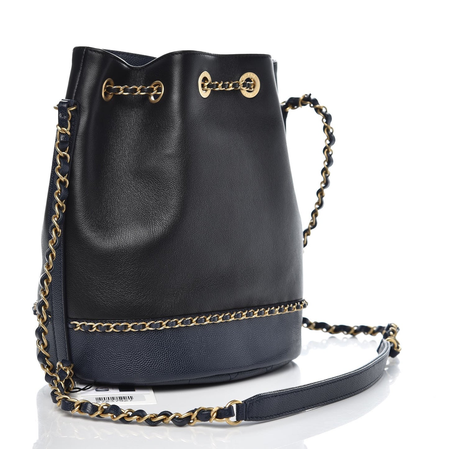 Grained Calfskin Lambskin CC Drawstring Bag Black Dark Blue