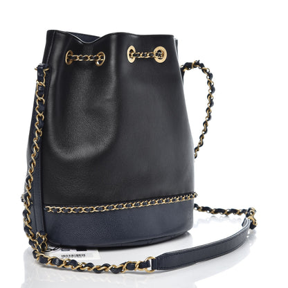 Chanel Grained Calfskin Lambskin CC Drawstring Bag Black Dark Blue 3 of 8