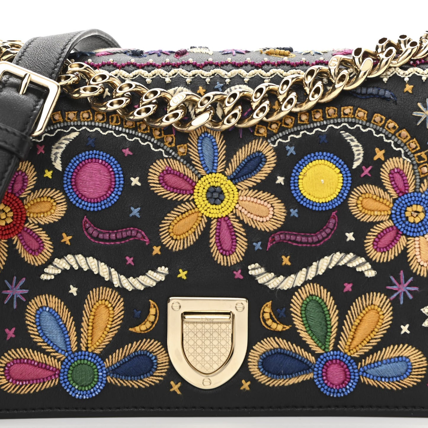 Lambskin Floral Embroidered Diorama Flap Bag Black Multicolor