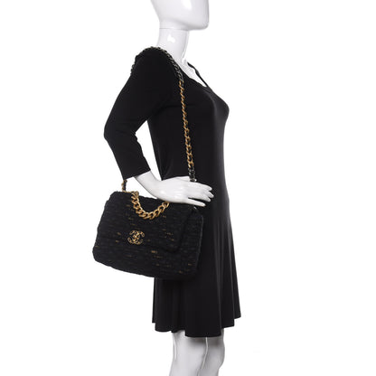 Chanel Tweed Quilted Large 19 Flap Black Navy Gold 2 of 11