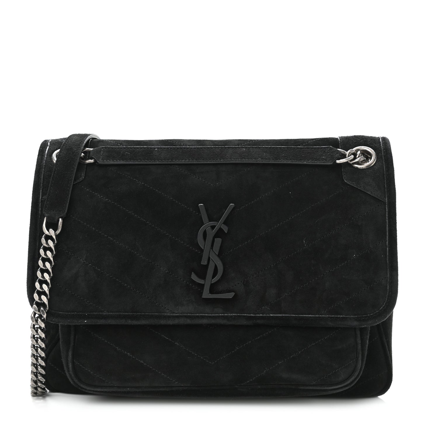 Suede Monogram Medium Niki Chain Satchel Black