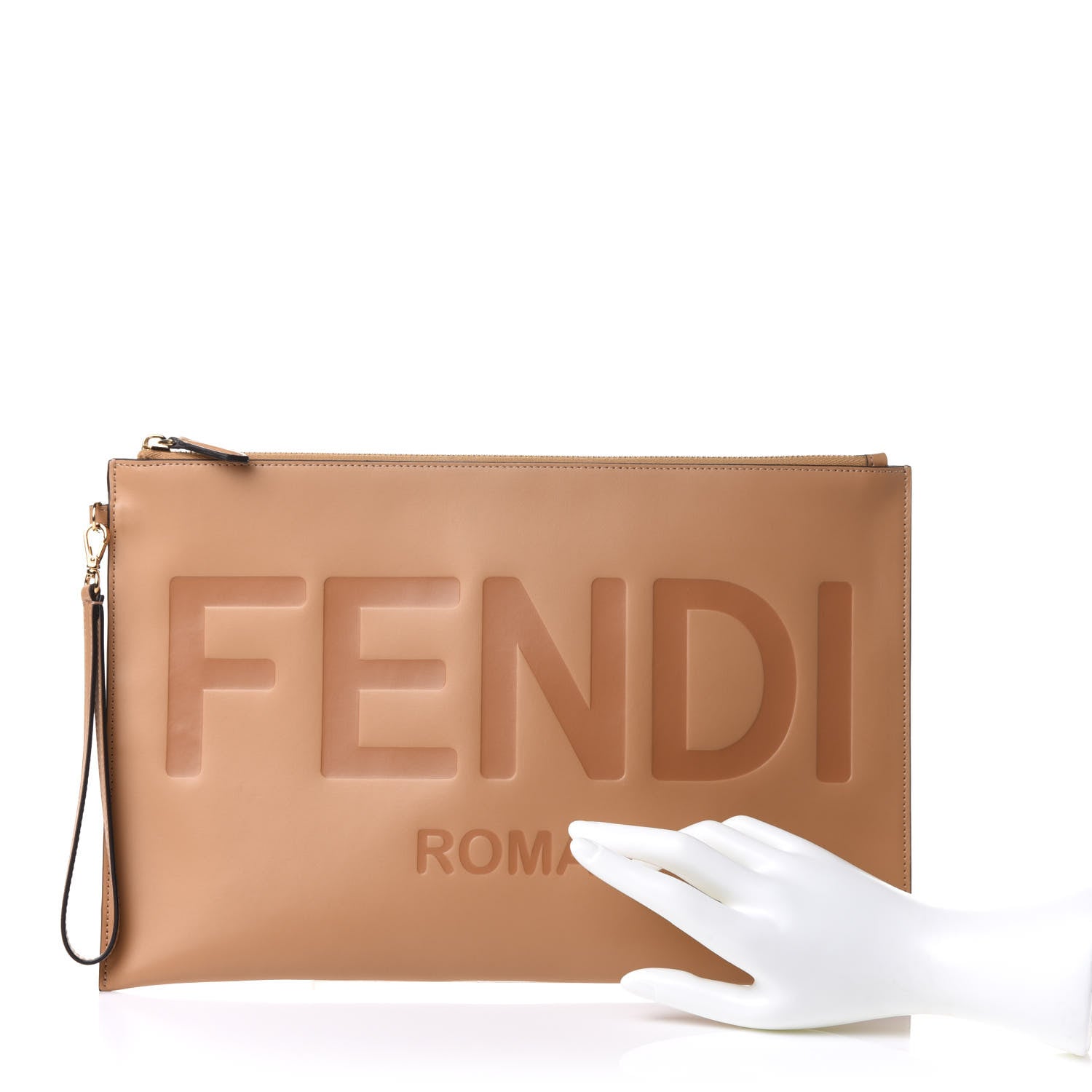 Fendi Vitello King Logo Embossed Large Flat Pouch Miele Scuro