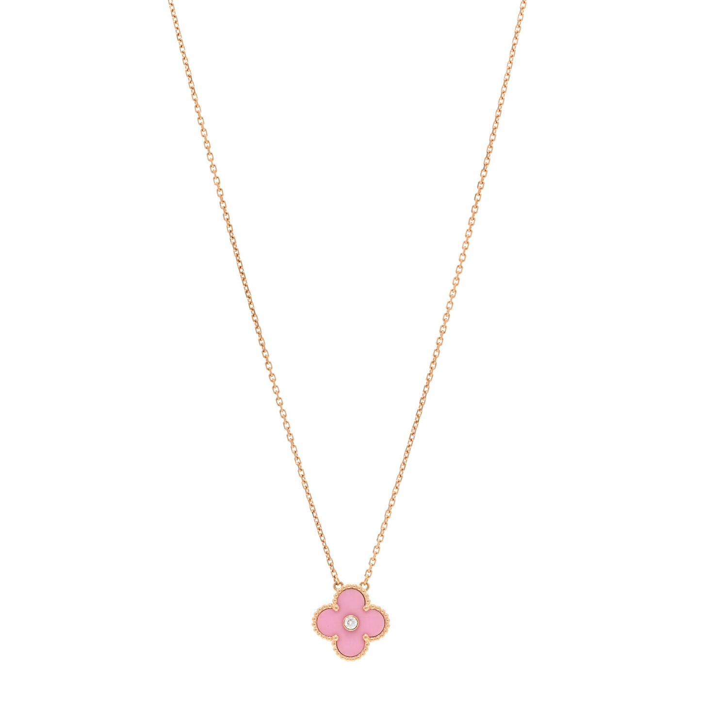 18K Rose Gold Diamond Pink Porcelain Vintage Alhambra Pendant Necklace