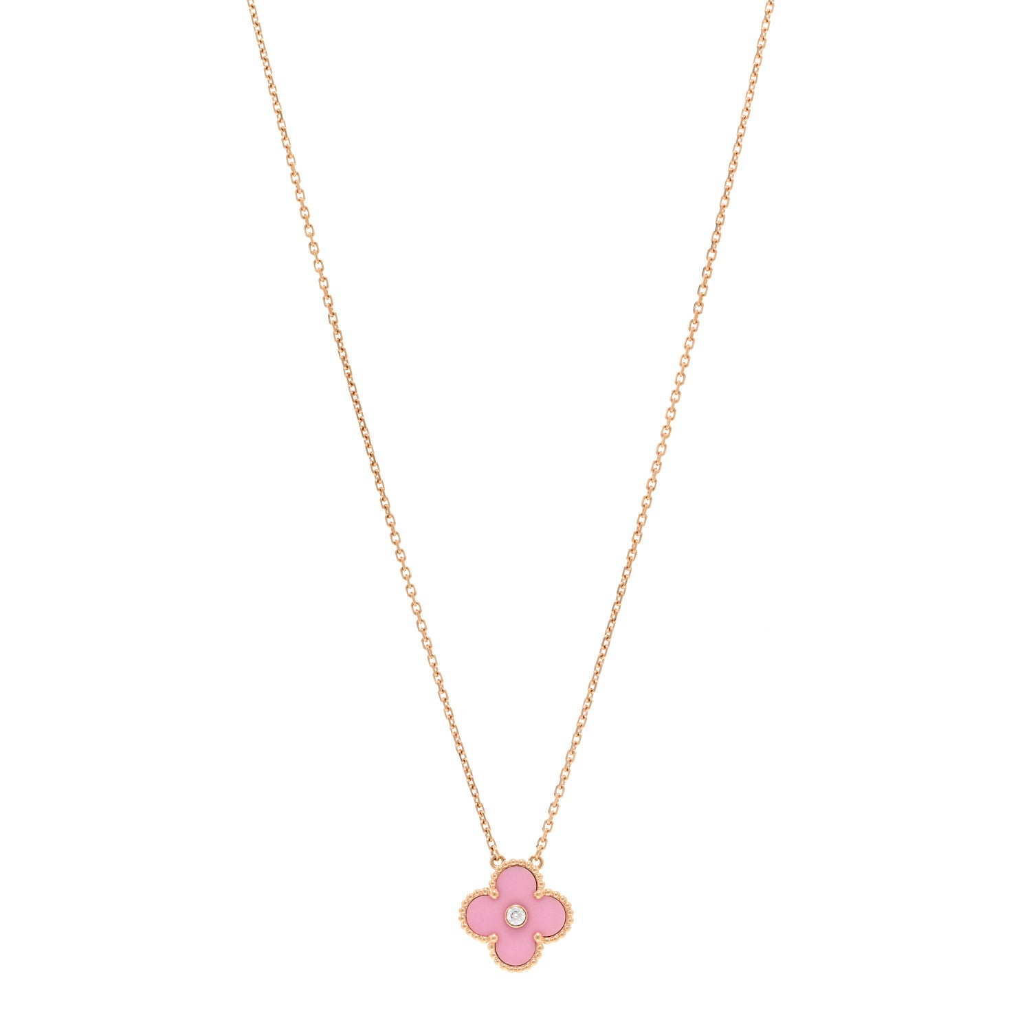 Van Cleef & Arpels 18K Rose Gold Diamond Pink Porcelain Vintage Alhambra Pendant Necklace 1 of 7